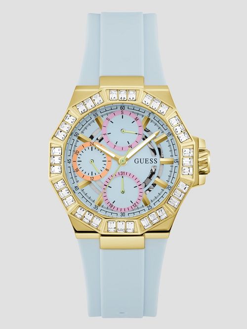Guess Gold-Tone and Blue Silicone Multifunction Watch Blauw | GUESS-SN29996