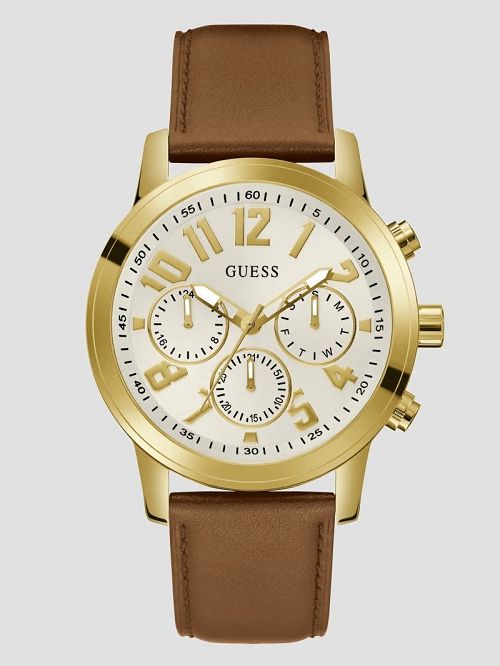 Guess Gold-Tone and Brown Leather Multifunction Watch Goud | GUESS-SN31655