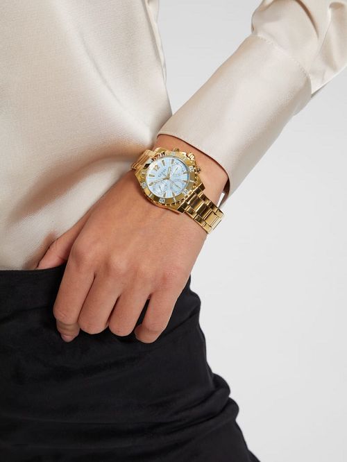 Guess Gold-Tone and Light Blue Multifunction Watch Goud | GUESS-SN29975