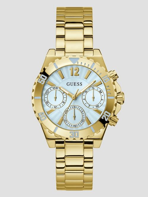 Guess Gold-Tone and Light Blue Multifunction Watch Goud | GUESS-SN29975