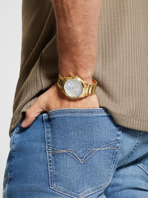 Guess Gold-Tone and Textured Blue Multifunction Watch Goud | GUESS-SN31666