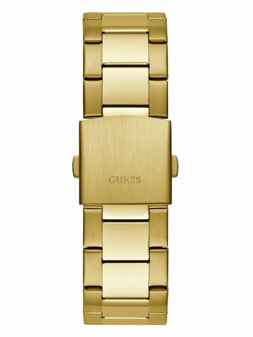 Guess Gold-Tone and Textured Blue Multifunction Watch Goud | GUESS-SN31666