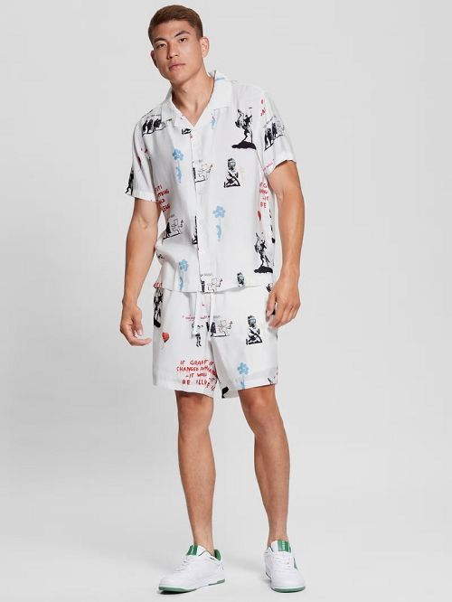 Guess Graffiti Sandwashed Woven Shorts Wit | GUESS-SN31332