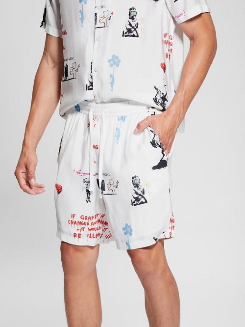 Guess Graffiti Sandwashed Woven Shorts Wit | GUESS-SN31332