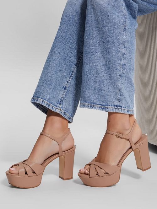 Guess Haylo Crisscross Platform Block Heels Beige | GUESS-SN29791