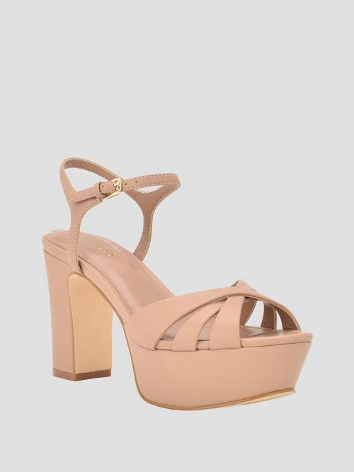 Guess Haylo Crisscross Platform Block Heels Beige | GUESS-SN29791