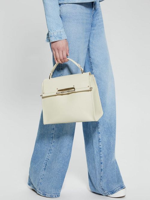Guess Iris Leather Top Handle Bag Beige | GUESS-SN29284
