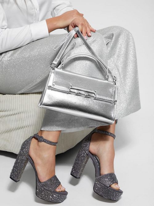 Guess Iris Metallic Leather Top Handle Bag Zilver | GUESS-SN29281