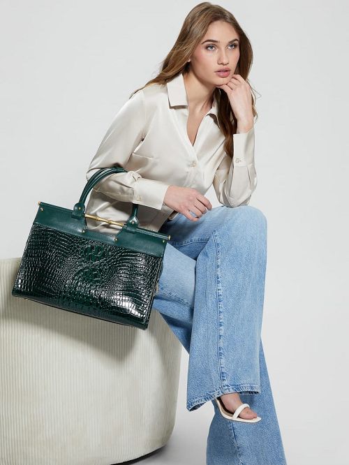 Guess Isa Crocodile-Embossed Leather Satchel Grijs | GUESS-SN29231