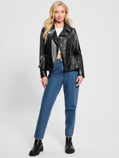 Guess Ivy Faux-Leather Peplum Moto Jacket Zwart | GUESS-SN28079