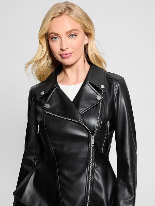 Guess Ivy Faux-Leather Peplum Moto Jacket Zwart | GUESS-SN28079