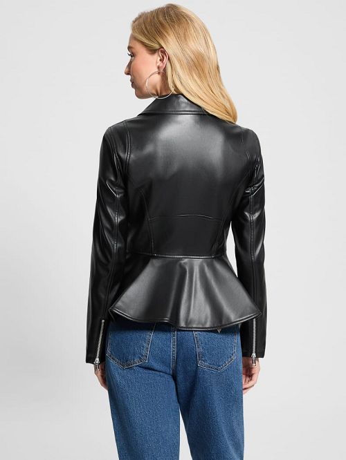 Guess Ivy Faux-Leather Peplum Moto Jacket Zwart | GUESS-SN28079