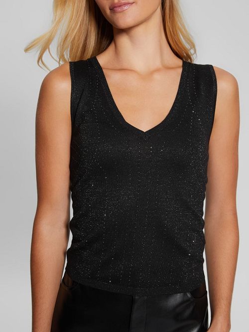 Guess Janine Rhinestone Sweater-Knit Top Zwart | GUESS-SN27845