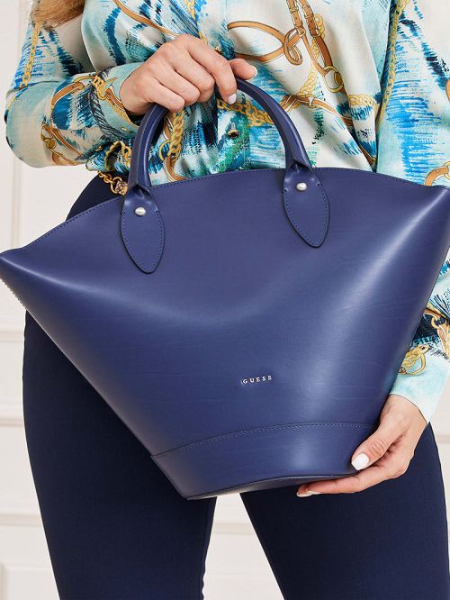 Guess Jary Leather Medium Satchel Blauw | GUESS-SN29234