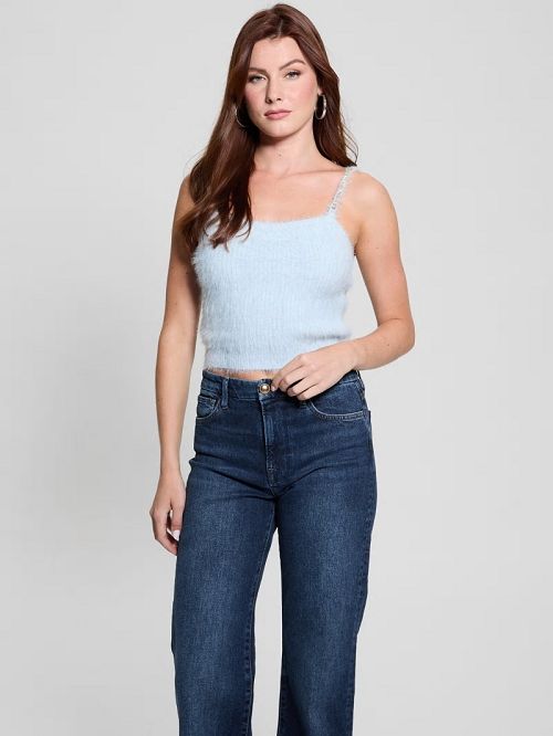 Guess Keyla Fuzzy Sweater Crop Cami Blauw | GUESS-SN27693