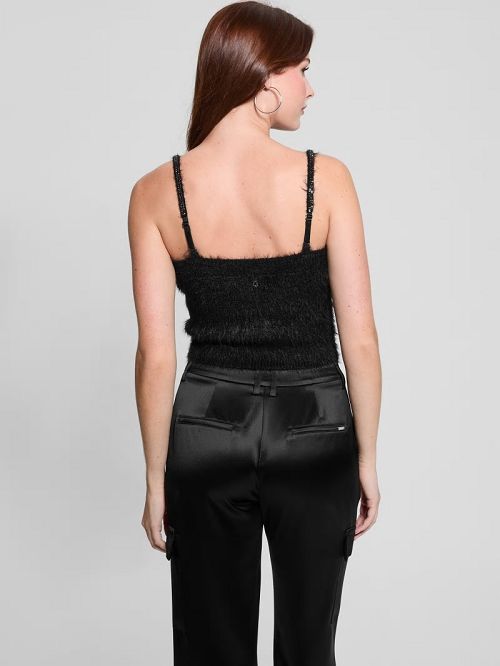 Guess Keyla Fuzzy Sweater Crop Cami Zwart | GUESS-SN27422