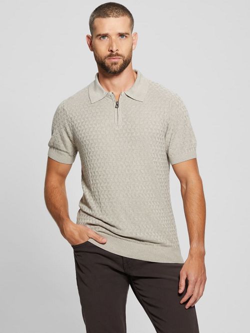 Guess Kyle Checkered Zip Polo Beige | GUESS-SN31327