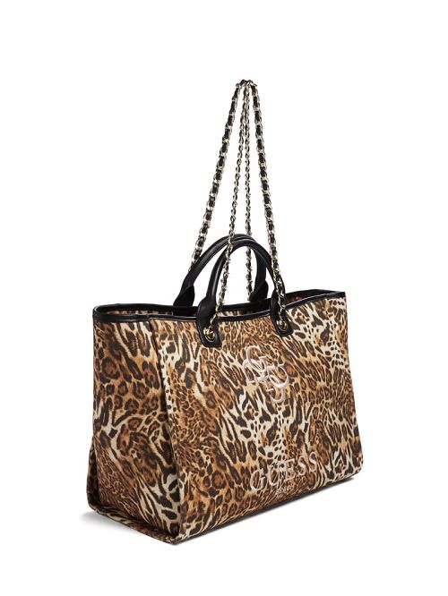 Guess Leopard Canvas Beach Tote Bruin | GUESS-SN29378