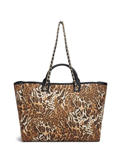 Guess Leopard Canvas Beach Tote Bruin | GUESS-SN29378
