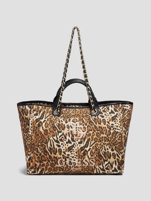 Guess Leopard Canvas Beach Tote Bruin | GUESS-SN29378