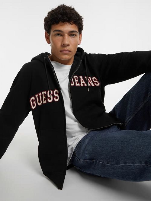 Guess Logo Patch Zip-Up Hoodie Zwart | GUESS-SN30920
