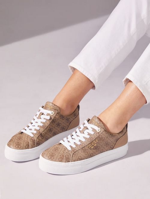 Guess Logo Print Low-Top Sneakers Beige | GUESS-SN29570