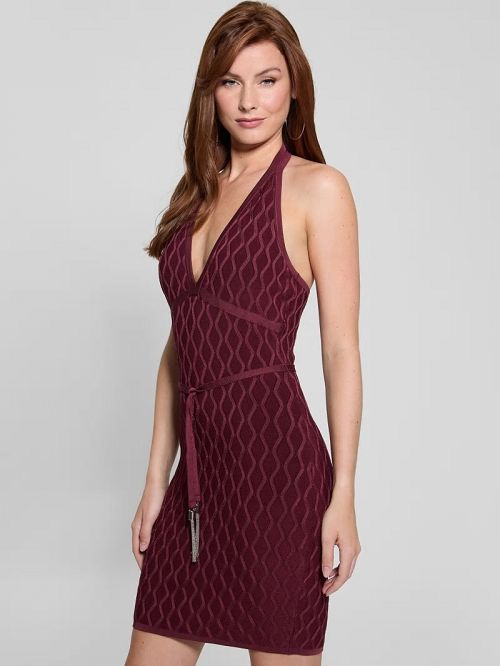 Guess Lucia Belted Wavy Sweater Dress Rood | GUESS-SN27045