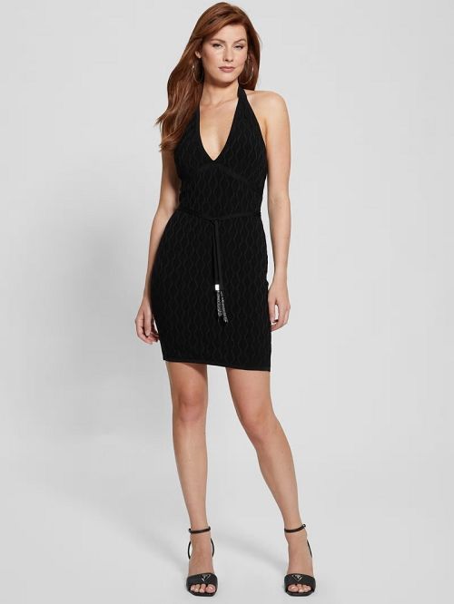 Guess Lucia Belted Wavy Sweater Dress Zwart | GUESS-SN27038