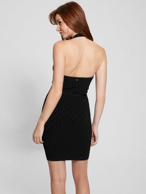 Guess Lucia Belted Wavy Sweater Dress Zwart | GUESS-SN27038