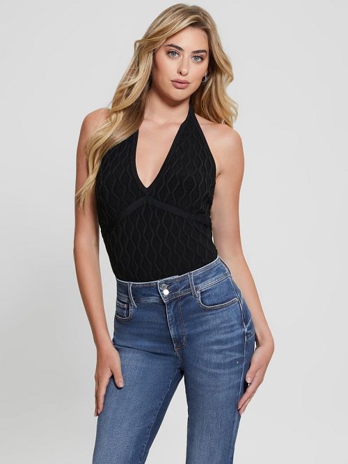 Guess Lucia Wavy Sweater Halter Top Zwart | GUESS-SN27832