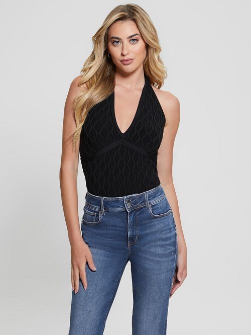 Guess Lucia Wavy Sweater Halter Top Zwart | GUESS-SN27832