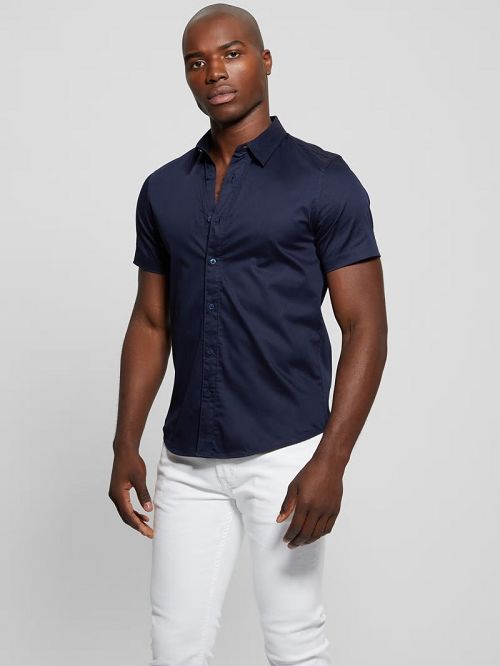 Guess Luxe Stretch Short-Sleeve Shirt Blauw | GUESS-SN31266