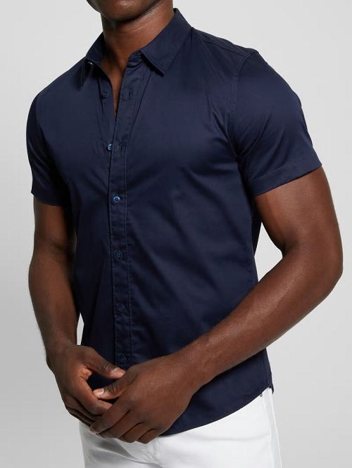 Guess Luxe Stretch Short-Sleeve Shirt Blauw | GUESS-SN31266