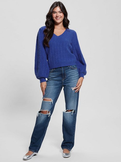 Guess Madeline Textured V-Neck Sweater Blauw | GUESS-SN27762