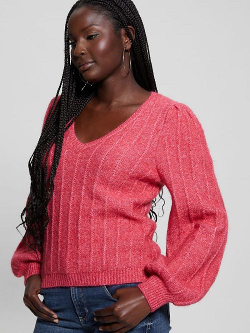 Guess Madeline Textured V-Neck Sweater Roze | GUESS-SN27685