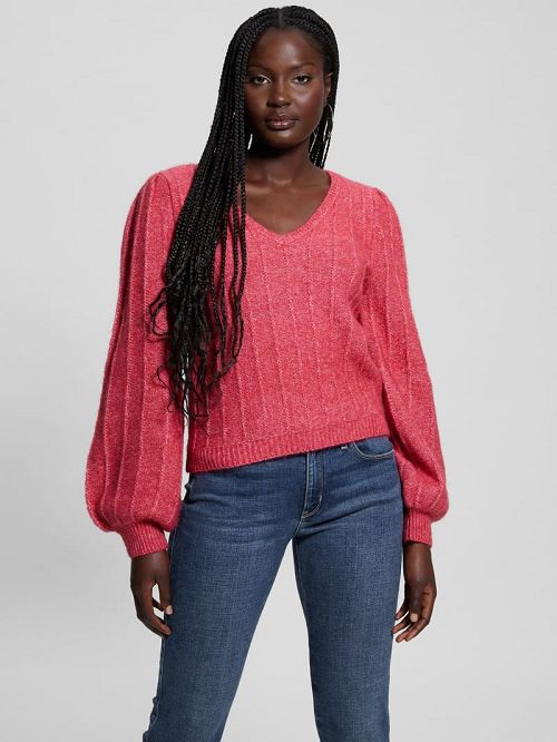 Guess Madeline Textured V-Neck Sweater Roze | GUESS-SN27685