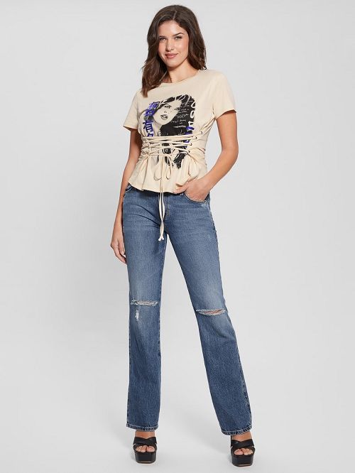 Guess Manga Girl Lace-Up Tee Beige | GUESS-SN27361