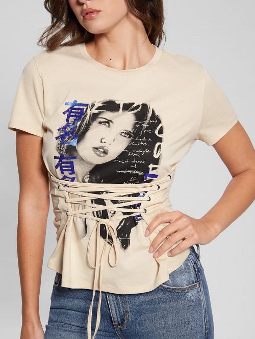 Guess Manga Girl Lace-Up Tee Beige | GUESS-SN27361
