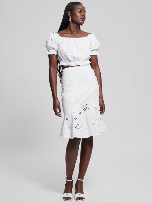 Guess Mira Eyelet Denim Skirt Wit | GUESS-SN28173