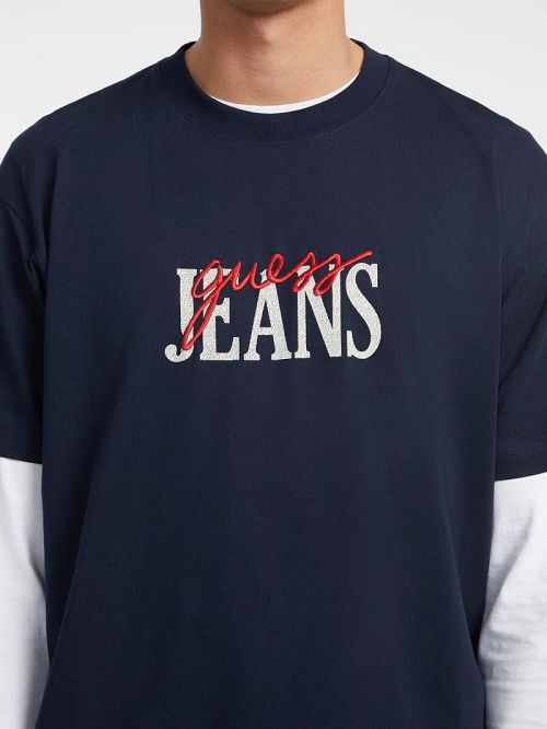 Guess Mixed Logo Tee Blauw | GUESS-SN30489