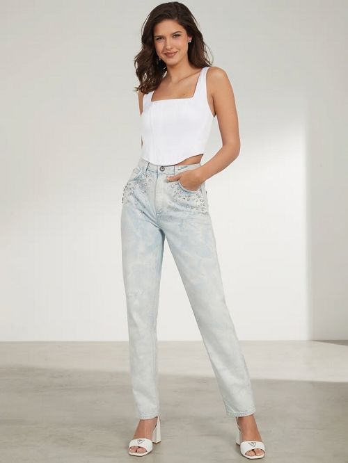 Guess Mom Rhinestone Jeans Blauw | GUESS-SN26608