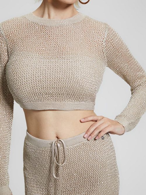 Guess Morgen Sequin Crop Sweater Beige | GUESS-SN27577