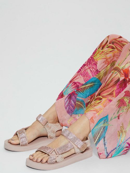 Guess Nylaha Rhinestone Flatform Sandals Beige | GUESS-SN29588