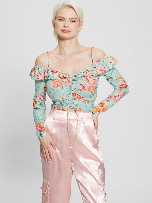 Guess Off-the-Shoulder Ruffle Shaina Top Blauw | GUESS-SN27087
