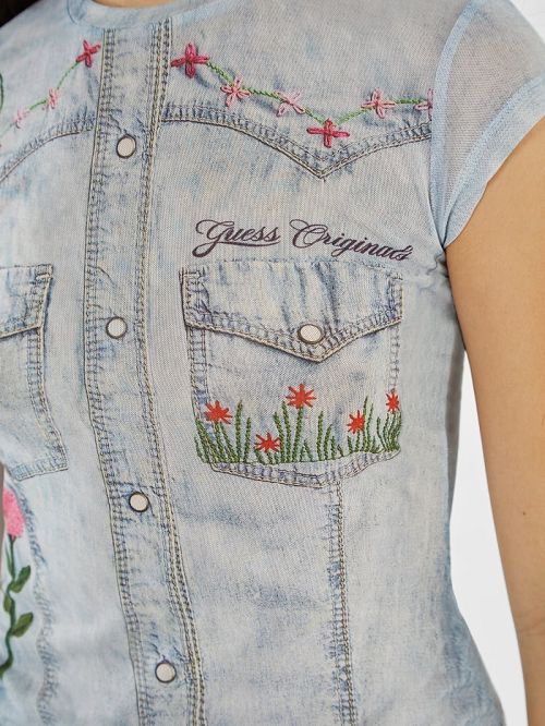 Guess Originals Printed Denim Mesh Top Blauw | GUESS-SN27120