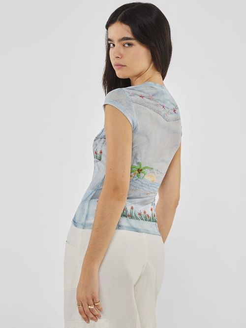 Guess Originals Printed Denim Mesh Top Blauw | GUESS-SN27120