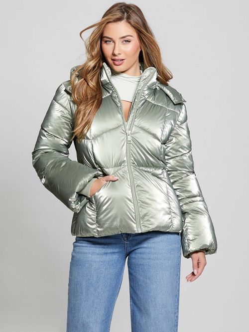 Guess Paloma Nylon Puffer Hooded Jacket Groen | GUESS-SN27920