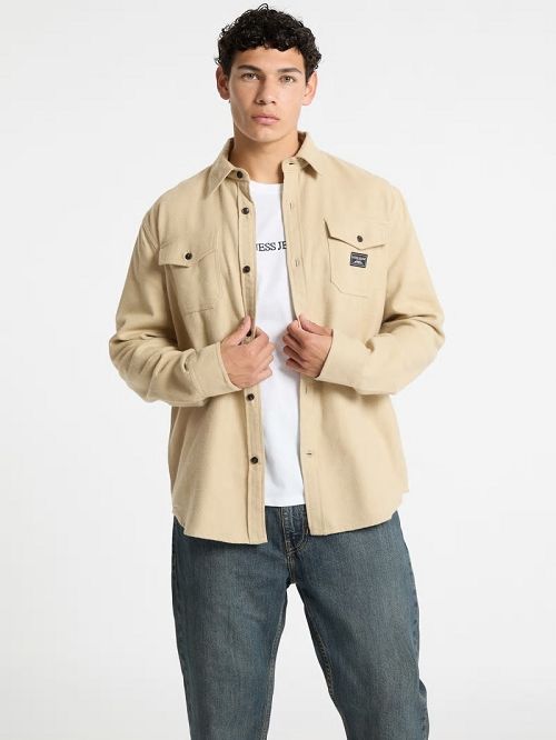 Guess Plaid Long-Sleeve Pocket Shirt Beige | GUESS-SN30907
