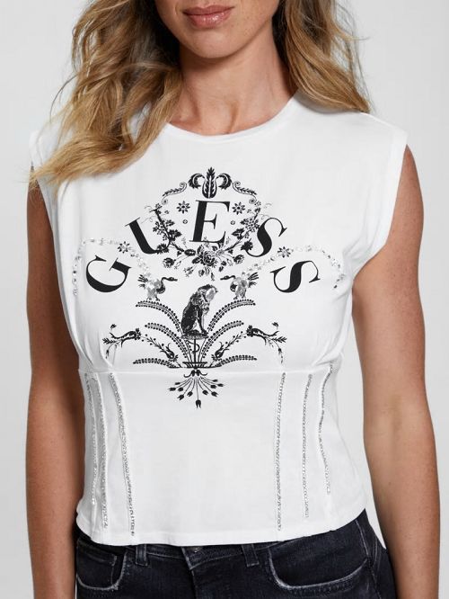 Guess Queen Graphic Corset Tee Wit | GUESS-SN27048