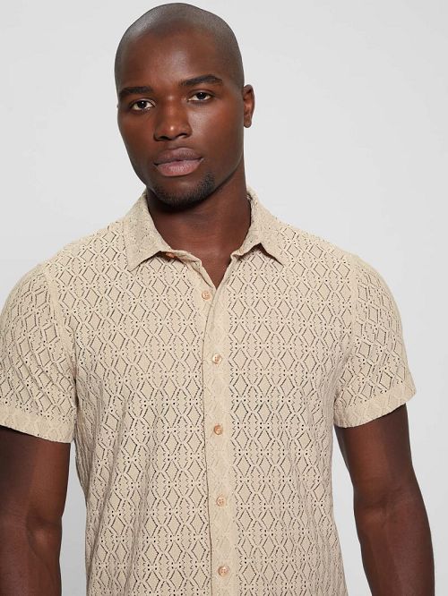 Guess Reeves Perforated Woven Shirt Beige | GUESS-SN31315
